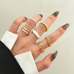 Trend Metal Gold Color Ring Female Vintage fashion Geometric Hollow Pearl Rings Set for Women Girls Trendy Jewelry