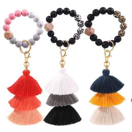 Favour Silicone Beads Bracelet Keychain Three Layer Cotton Tassel Wrist Keyring Wooden Bead Bangle Key Ring Women Bag Pendant Decoration BBE1