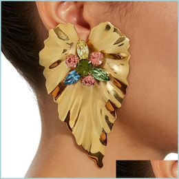 Stud Gold Love Heart Leaf Studs Colorf Red Rhinestone Bohemian Leaves Shape Women Dangle Earrings Fashion Brand Statement Street Part Dhvzy