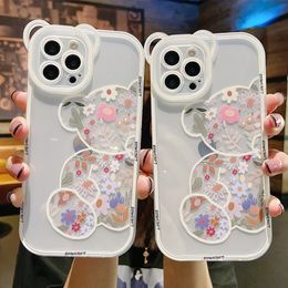 Flowers Cute Bear Lens cases Camera Clear For iPhone 14 13 Pro Max 11 1 X XR XS Max 7 8 Plus Soft Back Cover