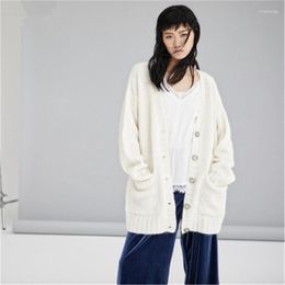Women's Knits Hand Made Pure Wool Vneck Knit Women Brief Loose H-straight Single Breasted Cardigan Sweater One&over Size Women's & Tees