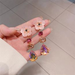 Dangle & Chandelier Beautiful Shell Flower Pink Blue Crystal Water Drop Dangle Earrings For Women