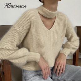 Women's Sweaters Hirsionsan Soft Warm V Neck Sweater Women Elegant Candy Colour Knitted Female Pullovers Loose Cashmere Basic Knitwear Jumper 220919