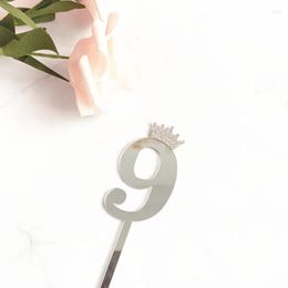 Festive Supplies 1Pc Mirror Surface Cake Topper Acrylic Number 0-9 With Crown Kids Birthday Party Decorating Wedding Anniversary