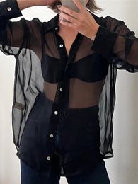 Women's Blouses Hirigin Sheer Button Up Shirt Y2K Long Sleeve Lapel V Neck Mesh Top Vintage See Through Basic Blouse Streetwear