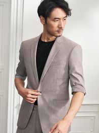 Men's Suits Men Three Quarter Sleeve Blazer Pant Khaki 2022 Summer Thin Clothing Fashion Wedding Groom Wear Plus Size 58 Single Button