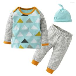 Clothing Sets Baby Boy Set Solid Color Outfit Geometric Print Pullover Top Simple Style Pants Cap Toddler 3pcs