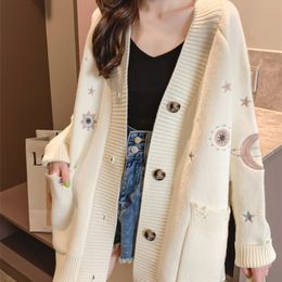 Women s Knits Tees H SA Women Winter Sweater Knitting Cardigans V Neck Stars Moon Embroidery Long Jacket Pink Christmas 220919