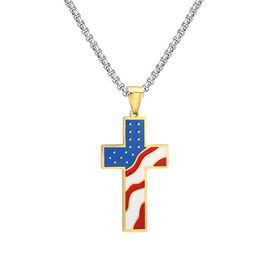 Stainless Steel Religious Cross Necklace Pendant American Flag Red Blue White Enamel Charm Jewellery
