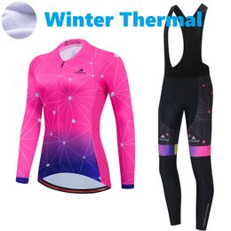 2024 Pro Women Pink Art Winter Cycling Jersey Set Long Sleeve Mountain Bike Cycling Clothing Breathable MTB Bicycle Clothes Wear Suit B17