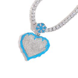 New Trendy 18K White Gold Plated Bling CZ Blue Snow Heart Pendants Necklaces for Men Women Nice Gift