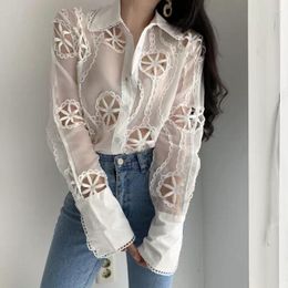 Women's Blouses Plus Size White Lace Blouse Women Spring Hollow Out Floral Embroidery High Quality Sexy Shirt See Through Long Sleeve Top