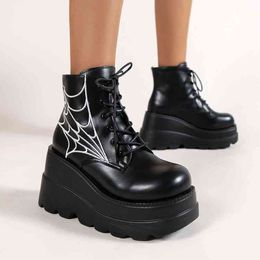 Boots Large Spider Web Embroidery Small Punk Short ins Gothic Lace up Thick Sole Fashion Womens 220920