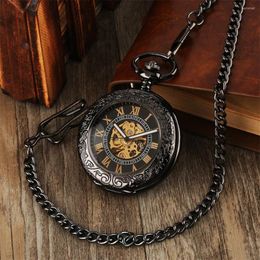 Pocket Watches Black/Silver/Bronze Glass Cover Automatic Mechanical Watch Roman Numerals Dial Self-Wind Timepiece Gift