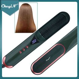 Hair Curlers Straighteners CkeyiN Hair Straightener Brush Electric Hot Comb Negative Ion Curling Straightening Iron 7 Temp Settings Heated Hair Brush 51 T220916