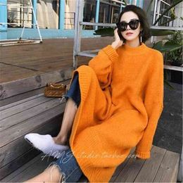 Women's Sweaters Autumn Winter Fashion New 2021 Vintage Loose Knitted Long Basic Sweater Casual Korean Women Knitted Sweater Dress J220915