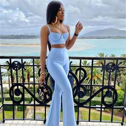 Women's Two Piece Pants High quality Blue Pieces Set Bodycon Rayon Bandage Evening Party Sexy Fashion Outfit 220919