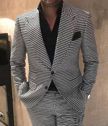 Groom Tuxedos Houndstooth Peak Lapel Wedding Tuxedo Fashion Blazer Men Prom Dinner/darty Suit Jacket Pants