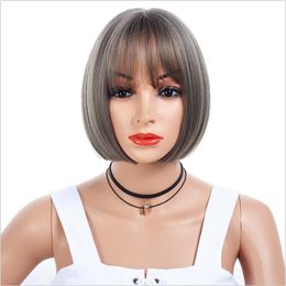 silver grey hair Australia - Light Brown And Silver Grey Wig 12 inch Short Straight Heat Resistant Synthetic Hair For Black White Women Cosplay Or Party Bob Wi239E