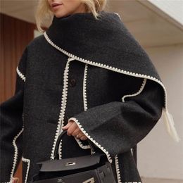 Women's Wool Blends Women Single-Breasted Jacket Autumn Winter Black Scarf Collar Embroidery White Fringed Cardigan Female Contrast Colour Coat 220919