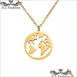 Pendant Necklaces Fashion Stainless Steel Necklace Pendant World Map Chains Statement Necklaces Sier Rose Gold Globe Travel Jewelry G Dhtu6
