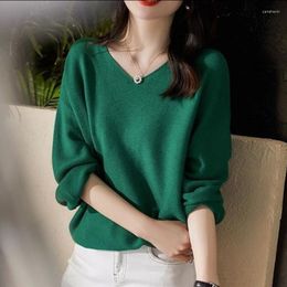 Women's Sweaters 2022 Autumn Winter Women's Loose Deep V-Neck Knitted Pullovers White Fashion Long Sleeve Thin Jumpers Female Tops