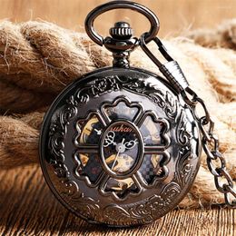 Pocket Watches Vintage Black Hollow Flower Half Mechanical Watch Exquisite Luxury Pendant Clock Hand Winding Timepiece