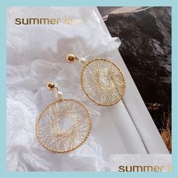 Hoop Huggie Korean Geometric Round Thread Winding Exaggerated Pendant Earrings For Simple Design Gold Hollow Jewelry Drop Delivery 20 Dhma6