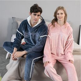 Men's Sleepwear Hooded Flannel Men's Pyjama Pants 2 PiecesSet Winter Thick Warm Sleepwear For Couples Casual Loose Home Costumes Set 220920