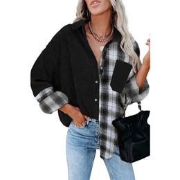 Women Oversized Plaid Shirt Casual Long Sleeve Button Down Corduroy Patchwork Shirts Female Blouse tops Streetwear 2xl 3XL