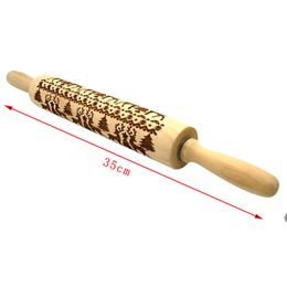 Christmas Wooden Rolling Pins Engraved Embossing Rolling Pin with Christmas Symbols Snowflake for Baking Embossed Cookies 35CM BBE14266