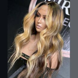 brown highlighted human hair wig Canada - Ombre Highlight Wig Brown Honey Blonde Colored 5 5'' Silk Base Lace Front Human Hair Wigs Body Wave T Part Lace Frontal 257G