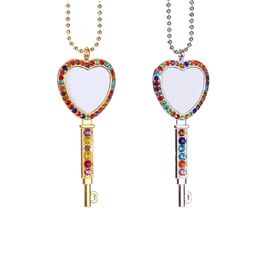 Sublimation Blank Rhinestone Necklace Heart Key Shape with Chain for Photo Bezel Pendant Trays Set DIY Jewelry