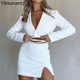 Two Piece Dress Yimunancy 2-Piece Blazer Sets V Neck Cropped High Waist Skirt Autumn Button Notched Lace Up Matching Set 220919