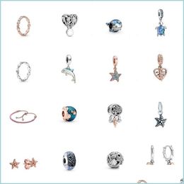 Charms Summer 925 Sier Ocean Waves Fish Blue Glass Sea Turtle Dangle Charm Bracelet Starfish Earrings Rose Ring Leather Necklace Drop Dhjhr
