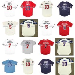 Gla2012 Vintage Chipper Jones Jerseys 5 Freddie Freeman 7 Dansby Swanson Red Blue White Grey Retro Throwback Baseball