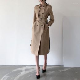 Women's Trench Coats Women's British Style Women Double Breasted Belted Formal Outerwear 2022 Autumn Winter Over Knee Long Slim Coat