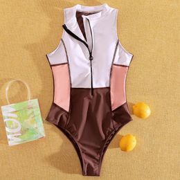 Women's Swimwear Sleeveless Vintage Retro Swimsuit Women's One Piece Colorblock Zipper High Neck Monokini Swimming Suit Female Surfing