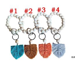 Party Wooden Bead Bracelet Keychain Pure Wood Colour Car Chain Cotton Tassel Keyring with Alloy Ring Wood Beaded Decoration Pendant GWE14284