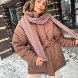 Women's Down Parkas Fandy Lokar Loose Casual Hooded Fashion Thick Coats Elegant Tie Belt Arygle Cotton Jackets Female Ladies 220919