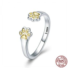 cat rings UK - 925 Sterling Silver Footprint Paw Dog Lovely Band Rings For Women ladies Gold Plated design cat girls jewellry268h