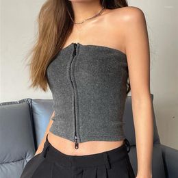 Women's Tanks Women Bandeau Wrapped Vest Off-Shoulder Zipper Slim Vintage Streetwear Crop Tops Sexy Summer Backless Sleeveless Corset Grey