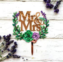 Festive Supplies Rose Gold Mirror Acrylic 'Mr & Mrs' Floral Wreath Cake Topper Wedding Decorations