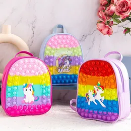 Girl Boy Backpack Cute Rainbow Fidget Toy Unicorn Shoulder Design Decompression Pack Finger Toy Bubble Kids School Bag Silicone