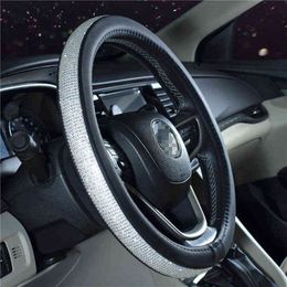 Fashion Colorful Drill Silver Diamond Rhinestones Crystal Car Steering Wheel Cover Pu Leather Car Accessories Case Car Styling J220808