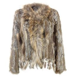 Women's Fur Faux Natural Knitted Rabbit Vest With fox raccoon Collar long sleeve fur coat with tassel Customised overcoat large size 220919