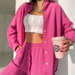 Women's Two Piece Pants spring and summer European American casual suits solid Colour lapel long-sleeved shirt top harem pants two-piece set 220919