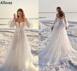 Abiti da sposa romantici in tulle A Line Boho Beach con spalle scoperte con maniche lunghe staccabili Abiti da sposa Plus Size Applique in pizzo Sweep Train Robes de Mariee CL1168