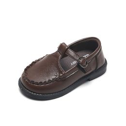 Sneakers Autumn Boys Leather Shoes Solid Color Baby Girl Flat Heels Soft Bottom Kids Dress Black Brown SMG225 220920