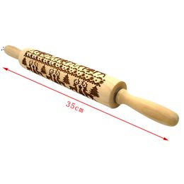 Christmas Wooden Rolling Pins Engraved Embossing Rolling Pin with Christmas Symbols Snowflake for Baking Embossed Cookies 35CM GCE14266